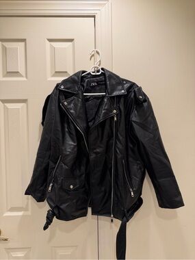 Zara Black Faux Leather Biker Jacket with Belt Detail